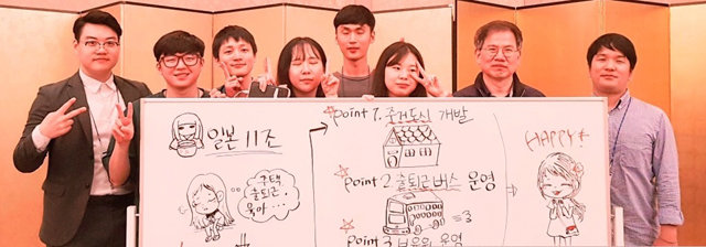 동강대 보건행정과 3학년 추철오 씨(왼쪽) 등 중소기업진흥공단의 ‘청년취업 두드림’ 사업 참가자들이 일본 연수 도중 포즈를 취하고 있다. 동강대 제공