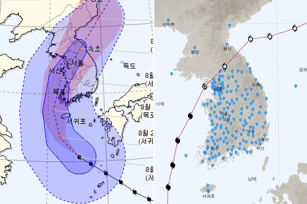 태풍 ‘솔릭’ 예상 이동 경로(왼쪽)와 2010년 태풍 ‘곤파스’ 이동 경로. 사진=기상청