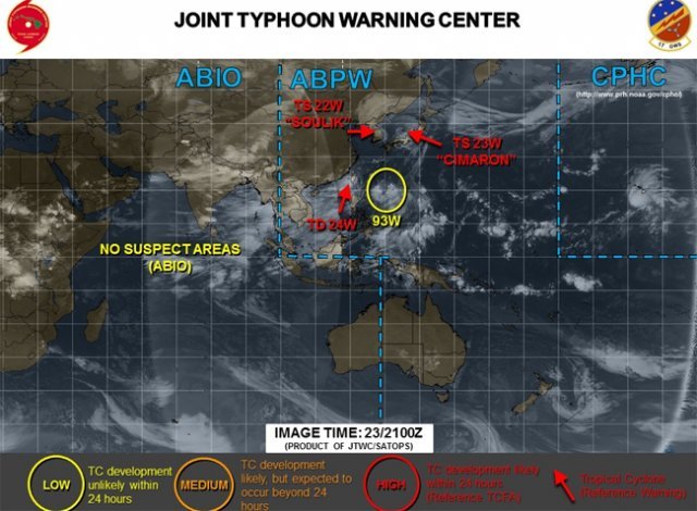 ‘제21호 태풍’  아직 미생성…24번째 TD→‘태풍 제비’ 가능성은 有/JTWC는 24번째 열대성 저압부가 대만 서쪽 해상에서 중국 본토로 향한다고 예보했다.