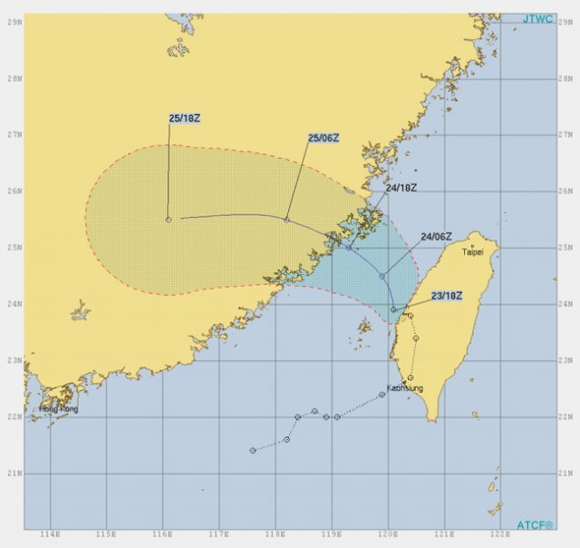 ‘제21호 태풍’  아직 미생성…24번째 TD→‘태풍 제비’ 가능성은 有/JTWC는 24번째 열대성 저압부가 대만 서쪽 해상에서 중국 본토로 향한다고 예보했다.