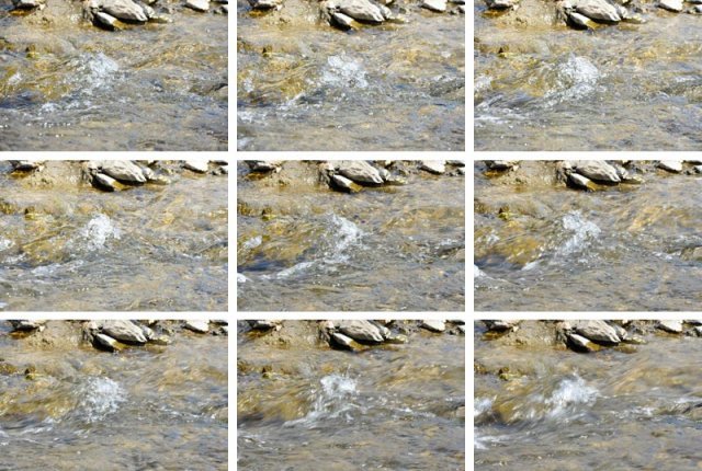 왼쪽 위부터 셔터속도를 조금씩 느리게 촬영한 사진으로, 셔터 속도가 빠르면 물이 완전히 정지한 것처럼 보이며, 반대로 느리면 물이 흐르는 것처럼 보인다(출처=IT동아)