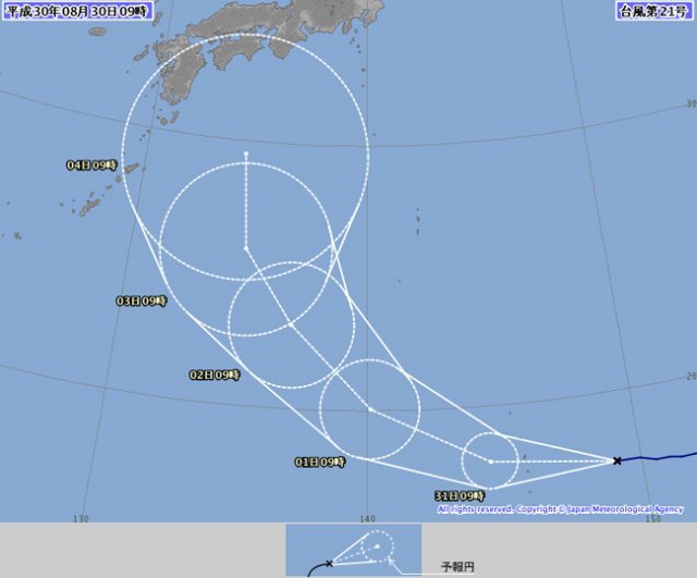 제21호 태풍 제비, 일본으로 …韓·美·日 ‘의견일치’/일본 기상청 제21호 태풍 제비 진로 예상.