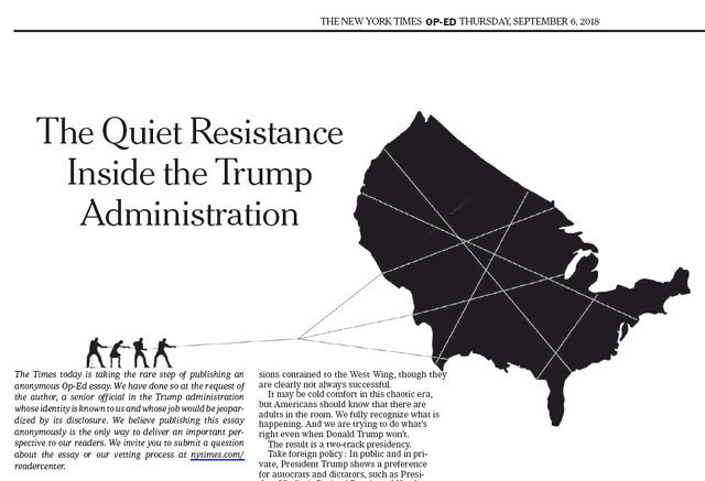 NYT에 실린 기고 미국 뉴욕타임스에 실린 문제의 익명 기고문. 지면 제목은 ‘트럼프 행정부 내부의 조용한 저항’이고 인터넷판 제목은 ‘나는 트럼프 행정부 내부의 저항군’이다.