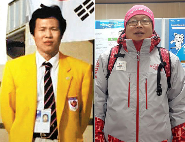 구건서 씨는 1988 서울 올림픽에 자원봉사자로 나서 귀빈 수송 업무를 맡았다. 30년 뒤인 2018 평창 겨울올림픽에서는 출입증 발급 업무를 맡았다. 그는 “1988년 당시 사진(왼쪽)과 2018년 사진을 나란히 놓고 보니 격세지감을 느낀다”고 말했다. 구건서 씨 제공
