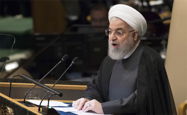 하산 로하니 이란 대통령이 25일 유엔총회 연설에서 미국이 이란 정부의 전복을 추구하고 있다며 맹비난하고 있다. 뉴욕=AP 뉴시스