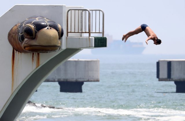 지난 7월2일 오전 부산 송도해수욕장을 찾은 관광객들이 머리부터 입수를 하는 방식으로 다이빙을 하고 있다. © News1
