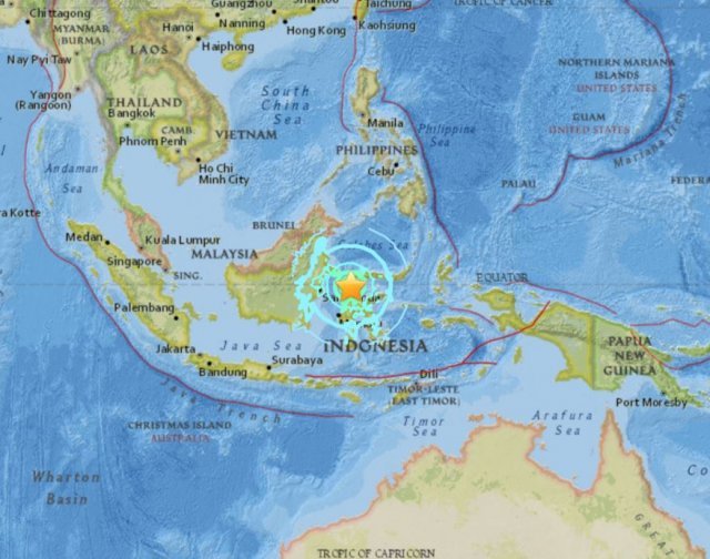 28일 규모 7.5의 강진이 발생한 인도네시아 술라웨시섬. <출처 = 미국 지질조사국>© News1