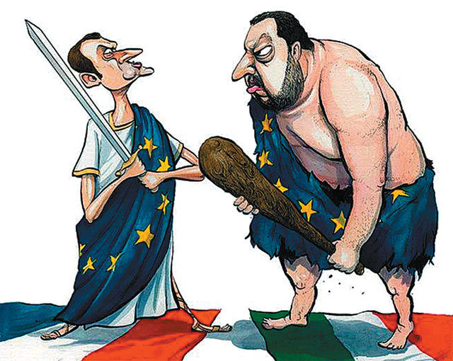 유럽에 형성된 전운을 묘사한 그림. 칼을 들고 프랑스 국기 위에 서 있는 왼쪽 사람은 친유럽연합(EU) 왕당파 수장 격인 에마뉘엘
 마크롱 프랑스 대통령이며 몽둥이를 들고 맞서고 있는 이는 반EU 포퓰리즘 반란군 세력을 대표하는 마테오 살비니 이탈리아 동맹당 
대표다. 둘 다 EU 국기가 그려진 띠를 두르고 있다. 삽화 출처 영국 잡지 ‘더 스펙테이터’