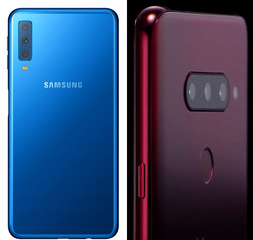 스마트폰 제조기업들이 10월 ‘트리플 카메라’를 장착한 신제품을 잇따라 선보일 예정이다. 사진은 삼성전자가 10월 초 출시하는 ‘갤럭시A7’(왼쪽)과 LG전자가 10월4일 공개할 예정인 ‘V40씽큐’. 사진제공｜삼성전자·LG전자