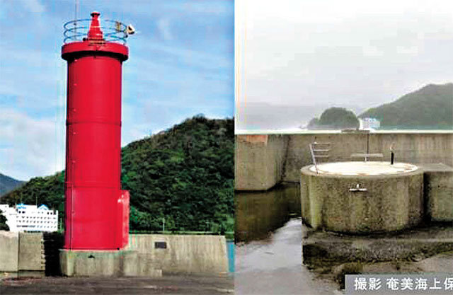 초강력 태풍 ‘짜미’로 인해 뽑혀 사라진 높이 11m 등대의 원래 모습(왼쪽 사진). 오른쪽 사진처럼 등대 하단 콘크리트 기단만 남았다. 사진 출처 NHK 홈페이지