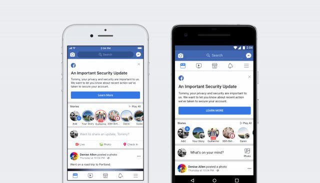 페이스북의 보안 업데이트 안내메시지. 왼쪽은 iOS, 오른쪽은 안드로이드 버전.© News1