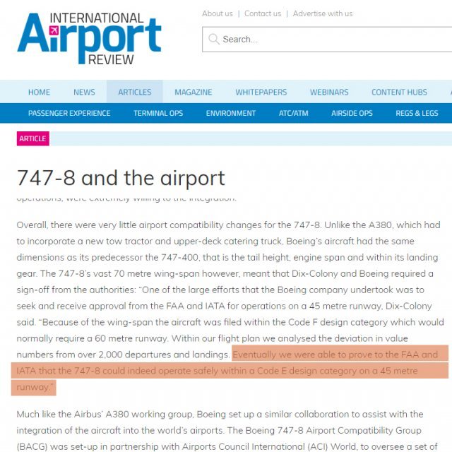 보잉이 F등급인 747-8 기종을 E등급 공항에서 안전하게 운용할 수 있다고 항공당국을 설득했다는 소식을 전한 ‘인터네셔널 에어포트리뷰’ 기사.