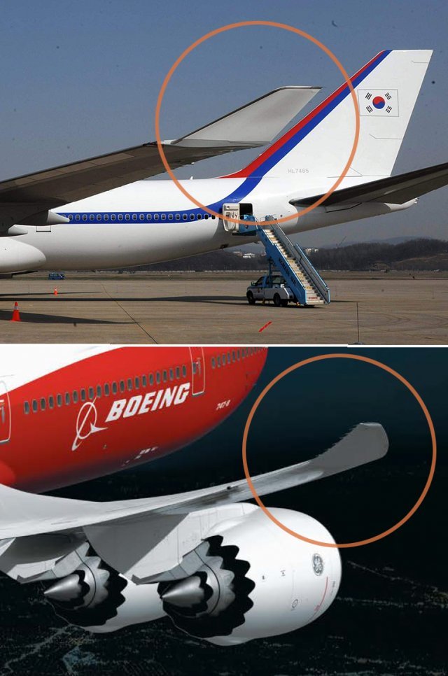 747-400(위)과 747-8(아래)의 날개 끝 모양. 이 모양 차이 때문에 거의 비슷하게 생긴 두 비행기의 ‘체급 차이’가 발생했습니다. 자료: 동아일보DB, 보잉