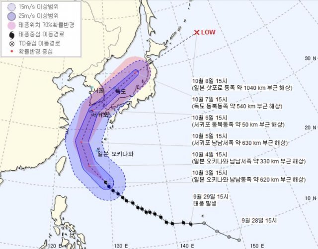 3일 오후 3시 현재 제25호 태풍 ‘콩레이’의 예상 이동경로. (기상청 제공) © News1