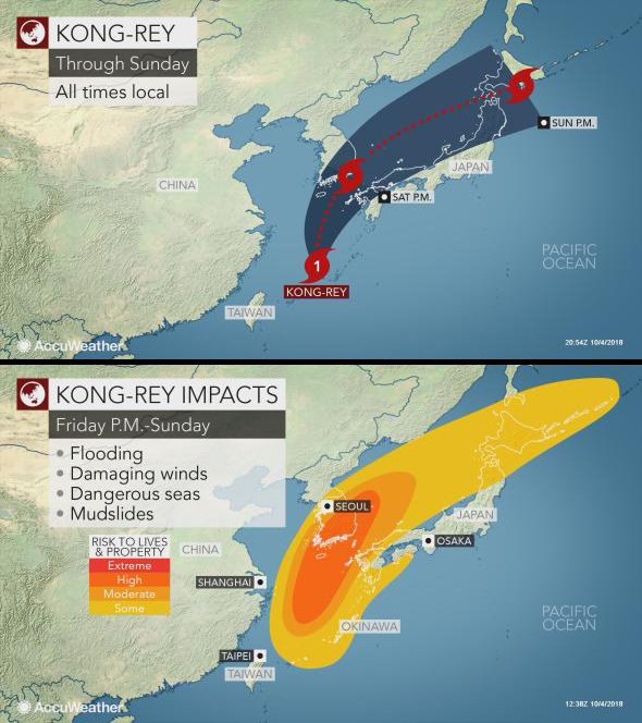 미국의 민간기상업자 어큐웨더(Accuweather)가 예상한 태풍 영향 예상도. 일본보다 우리나라에 더 피해가 클 것으로 내다보고 있다. (자료: Accuweather 홈페이지)