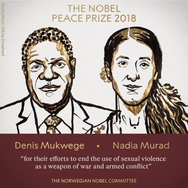 2018년 노벨평화상 수상자인 데니스 무퀘게(왼쪽)와 나디아 무라드 (노벨위원회 제공) © News1
