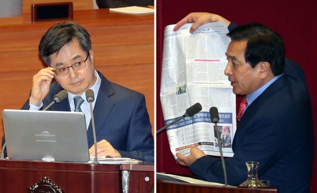 김동연 경제부총리 겸 기획재정부 장관(왼쪽)과 심재철 자유한국당 의원이 지난 2일 서울 여의도 국회에서 열린 경제분야 대정부 질문에서 공방을 벌이고 있다. © News1