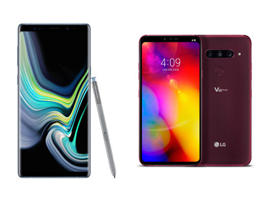 3분기 스마트폰 부문에서 저조한 실적을 거둬 우려를 낳고 있는 삼성전자와 LG전자가 신제품으로 분위기 반전에 나선다. 삼성전자가 최근 선보인 클라우드 실버 색상 ‘갤럭시노트9’(왼쪽)과 LG전자가 이달 출시 예정인 ‘V40씽큐’. 사진제공｜삼성전자·LG전자