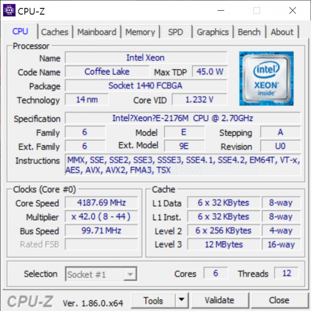CPU-Z로 살펴본 인텔 제온 E-2176M(출처=IT동아)