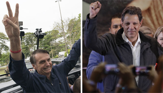 7일 치러진 브라질 대선 1차 투표에서 나란히 1, 2위를 차지한 극우 성향 사회자유당 자이르 보우소나루 후보(왼쪽 사진)와 좌파
 노동자당 페르난두 아다드 후보. 각각 ‘브라질의 트럼프’와 ‘룰라 후계자’로 불리는 두 사람은 28일 결선 투표에서 맞붙는다. 
리우데자네이루=AP 뉴시스