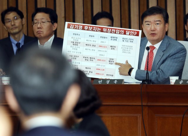 민경욱 자유한국당 의원이 지난달 10일 오전 서울 여의도 국회 본관에서 열린 김기영 헌법재판관 후보자 인사청문회에서 위장전입과 관련해 질의하고 있다. © News1