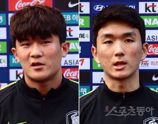 우루과이와 평가전에서 2-1 승리를 거둔 한국 축구대표팀이 14일 경기도 파주시 축구대표팀트레이닝센터(NFC)에서 파나마(16일, 천안종합운동장)전을 앞두고 훈련을 가졌다. 훈련 전 김민재(왼쪽)와 황인범이 인터뷰를 하고 있다. 파주｜김종원 기자 won@donga.com