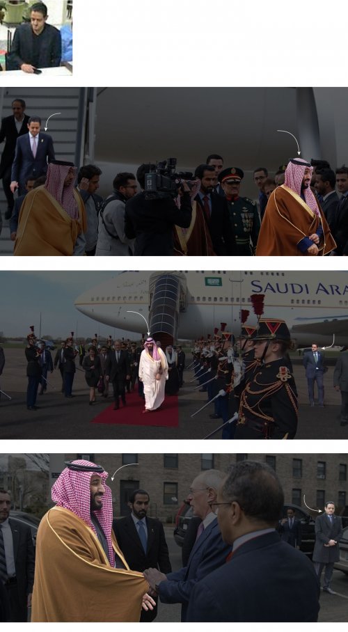 흰 색 화살표로 지목된 이 가운데 두건을 쓰고 있는 사람이 무함마드 빈 살만 사우디 왕세자, 양복을 입은 사람이 무트레브다.(출처=NYT) © News1
