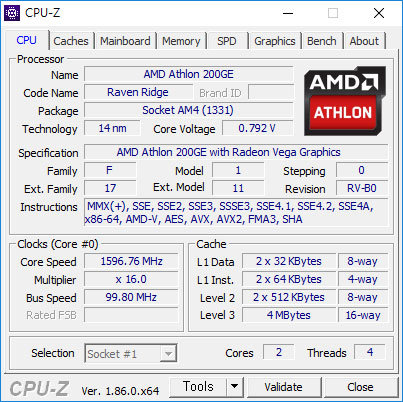 CPU-Z로 확인한 AMD 애슬론 200GE의 내부 사양(출처=IT동아)