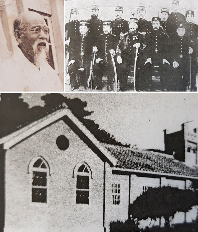 독립운동가 유봉진 선생(위쪽에서 왼쪽 사진)은 강화진위대 군인 출신으로 1907년 ‘정미의병’에서 항일투쟁을 벌인 데 이어 1919년 3월
 강화도에서 3·1만세운동을 이끌었다. 위쪽에서 오른쪽 사진은 1905년 강화진위대 장교들의 기념사진(앞줄 가운데가 참령 이동휘)이고, 아래쪽 사진은 독립선언서를 인쇄하는 등 만세운동의 중심지였던 선두교회. 이은용 씨 제공·사진연감(1969년 기독교대한감리회에서 
발행)