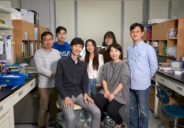 엔도트로핀과 만성 간질환의 관계를 밝힌 UNIST 연구진. 왼쪽 뒷줄부터 시계방향으로 이상민, 조우빈,오지영, 김사희 연구원, 김민 연구교수, 박지영 교수, 이창후 연구원.(UNIST 제공)