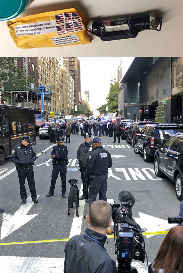생방송중 CNN 직원 200명 긴급대피 24일 미국 뉴욕 경찰들이 폭발물 소포가 발견된 맨해튼 
타임워너센터 부근에서 출입을 통제하고 있다. 폭발물 소포는 이 건물에 있는 CNN 뉴욕지국 우편물 보관소에서 발견됐으며 경보음과 
함께 직원 200여 명이 긴급 대피했다. 생방송을 진행하던 앵커들이 놀라 대피하는 모습이 그대로 전파를 탔다. CNN은 트위터를 
통해 뉴욕지국 앞으로 배달된 폭발물의 모습을 공개했다(위쪽 사진). 맨해튼=AP 뉴시스