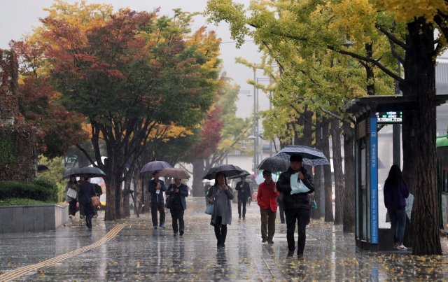 24절기 가운데 18번째 절기인 상강인 23일 서울 종로구 세종대로에 비가 내려 시민들이 걸음을 재촉하고 있다. 상강은 곧 겨울에 접어드는 만큼 추수를 마무리하고 겨울맞이는 시작해야 하는 시기다. 2018.10.23/뉴스1 © News1