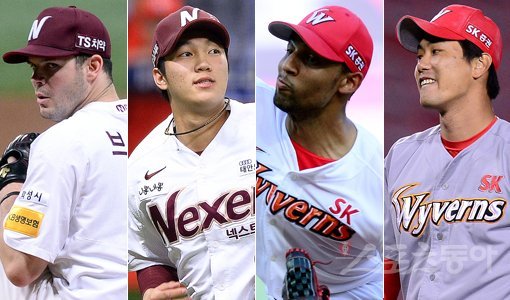 ‘150㎞의 전쟁!’ KBO리그를 대표하는 ‘파이어볼러’들이 플레이오프 5차전에서 최후의 맞대결을 벌인다. 넥센 히어로즈 제이크 브리검, 안우진, SK 와이번스 앙헬 산체스, 김광현(왼쪽부터)이 선발+불펜 조합으로 팀의 가을야구 연장을 노린다. 스포츠동아DB