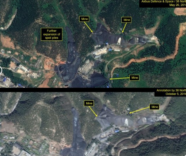 북한 황해북도 평산 우라늄 광산 시설을 관측한 위성 사진. 위는 2018년 5월, 아래는 2016년 10월 찍힌 사진이다. (출처=38노스 갈무리) © News1
