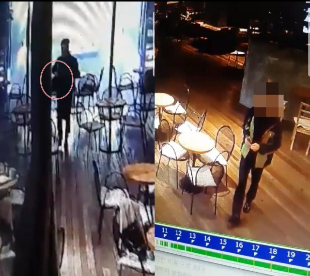 부산의 한 카페에서 40대 남성이 잠깐 자리를 비운 옆 테이블 손님의 가방과 지갑을 훔친 뒤 도망가는 모습이 찍힌 폐쇄회로(CC)TV 장면. © News1
