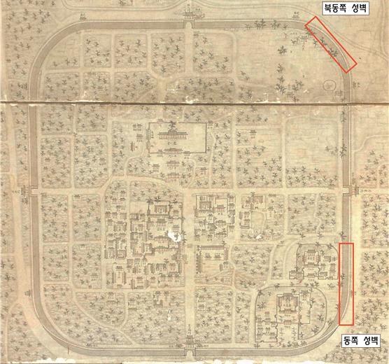 완산부지도(국립전주박물관 소장) 중 전주부성 고지도. 빨간색 네모는 시굴조사 현장(전주시 제공) © News1
