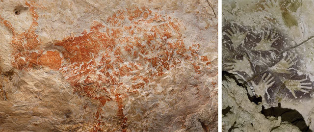 인도네시아 보르네오섬 동쪽 동굴에서 발견된 세계 최고(最古) 벽화의 일부. 소를 닮은 동물이 그려져 있다. 이 그림을 포함해 세 마리 소 그림 바로 옆에서 연대를 측정한 결과 약 4만 년 전 작품임이 밝혀졌다. 오른쪽 사진은 손 스텐실로 가운데 진한 부분은 약 2만 년 전에, 주변 엷은 부분은 약 4만 년 전에 그려졌다. 네이처 제공
