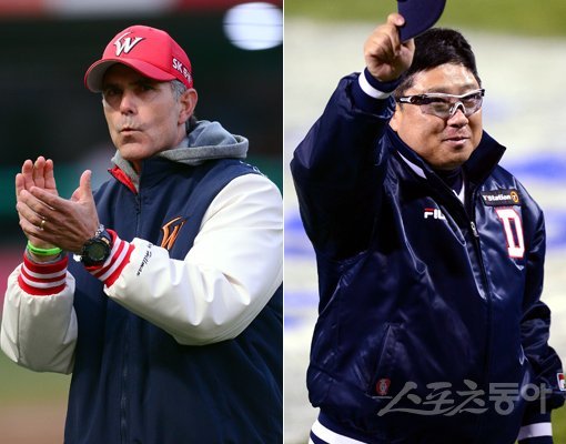 김태형 감독(오른쪽)이 이끄는 두산 베어스와 트레이 힐만 감독이 지휘하는 SK 와이번스의 한국시리즈 6차전이 12일 잠실구장에서 열린다. SK와 앞선 세 차례 포스트시즌 맞대결에서 모두 시리즈 패배를 기록한 두산 입장에선 어느 때보다 승리가 절실하다. 스포츠동아DB