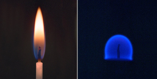 촛불을 켜면 따뜻해진 공기가 위로 올라가며 불 모양이 길쭉해진다(왼쪽). 하지만 중력이 없는 우주에선 이런 대류가 일어나지 않아 촛불이 둥글다(오른쪽). ⓒNASA
