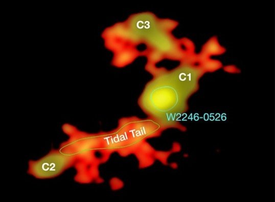 우주에서 가장 밝은 은하인 ‘W2246-0526’을 향해 뻗어나간 주위 은하 C1, C2, C3의 물질(조석꼬리)을 관찰한 모습.© News1
