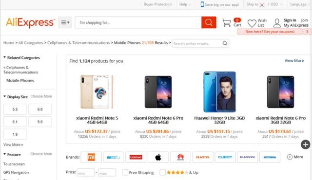 다양한 해외폰을 판매하는 알리 익스프레스(출처=IT동아)