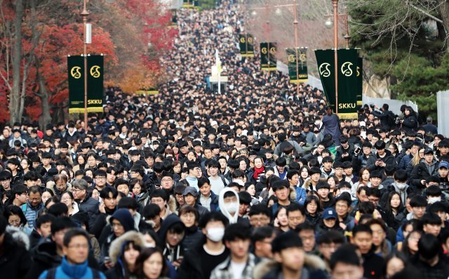 지난 18일 서울 종로구 성균관대학교 인문사회과학캠퍼스에서 열린 ‘2019학년도 수시모집 논술고사’를 마친 수험생과 학부모들이 시험장을 나서고 있다. 수능 후 첫 주말, ‘불수능’ 여파로 만족할만한 성적을 거두지 못한 수험생들이 수시 논술 시험으로 대거 몰리며 전국 각 대학이 북새통을 이뤘다. © News1