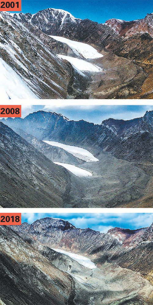 중국 서부 신장위구르 지역에서 가장 큰 빙하 ‘톈산(天山) 1호’의 면적이 2001년부터 계속 줄어들고 있는 모습. 2018년 빙하 면적은 2001년과 비교하면 11.7%나 작아졌다. 사진 출처 홍콩 밍보