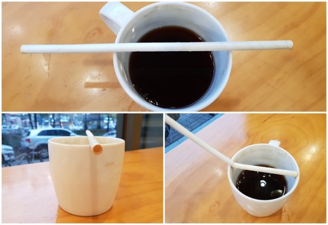 2시간동안 음료 안에 있던 종이빨대의 모습. 색이 일부 변하고 힘을 주니 곧잘 휘어진다. © News1