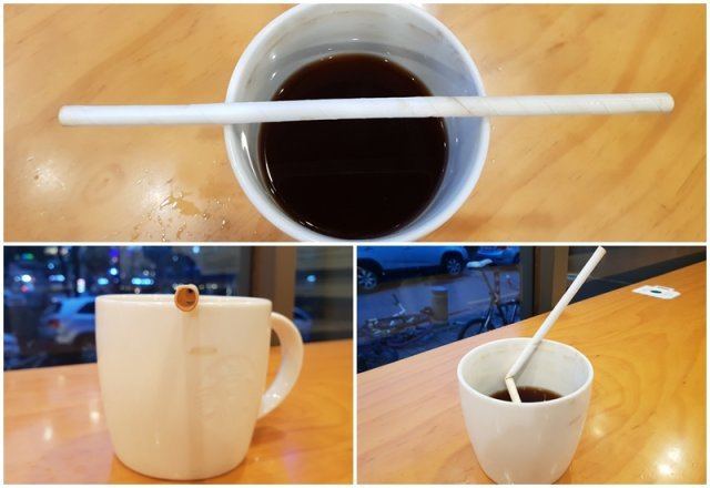3시간동안 음료 안에 있던 종이빨대의 모습.  끝부분이 살짝 벗겨지고 조금만 힘을 줘도 휘어진다. © News1