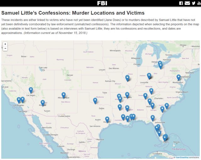 연쇄살인범 사무엘 리틀이 자백한 내용을 토대로 만든 희생자 지도. (출처=미연방수사국 홈페이지 갈무리)