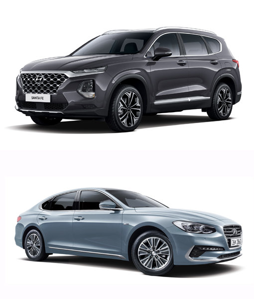 현대차 싼타페(위쪽)와 2018 그랜저 하이브리드. 사진제공｜현대차