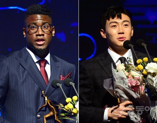 3일 서울 홍은동 그랜드힐튼호텔에서 ‘KEB하나은행 K리그 대상 2018’ 시상식이 열렸다. K리그 1 베스트11 FW를 수상한 경남 말컹(왼쪽)과 K리그 1 영플레이어상을 수상한 울산 한승규가 소감을 밝히고 있다. 김민성 기자 marineboy@donga.com