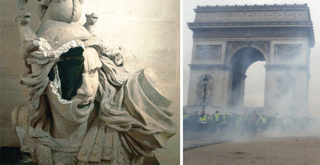 ‘노란 조끼’ 시위대에 훼손된 프랑스의 상징 프랑스 파리 개선문(오른쪽 사진)의 안쪽 벽면에 있는 마리안 
상(왼쪽 사진)이 1일 유류세 인상에 반대하는 ‘노란 조끼’ 시위대에 의해 파괴됐다. 마리안은 자유, 평등, 박애의 프랑스 혁명 
정신과 프랑스 공화국을 상징하는 여성상이다. 프랑스 대표 화가 들라크루아의 ‘민중을 이끄는 자유의 여신’의 모델로도 알려져 있다.
 시위대는 개선문에 “마크롱 대통령은 퇴진하라” “부르주아를 전복하라”는 구호도 낙서하듯 써놓았다. 파리=AP 뉴시스