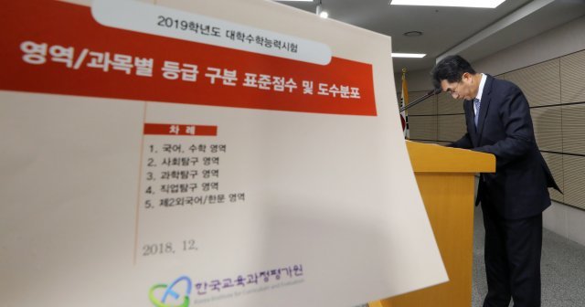 성기선 한국교육과정평가원장이 4일 정부세종청사 교육부 브리핑실에서 열린 2019학년도 대학수학능력시험 채점결과를 발표 중 난이도 논란에 대해 사과하고 있다. 각 영역별 1등급 비율은 국어영역 4.68%, 수학영역 가형 6.33%, 나형 5.98%, 영어영역 5.3%, 한국사 영역 36.52%이다. 한편 평가원은 수능 난이도 문제와 관련해 국어영역의 초고난이도 문항으로 알려진 31번과 같은 문제 출제를 지양하고 지문의 길이를 줄이겠다고 사과했다. 2018.12.4/뉴스1 © News1